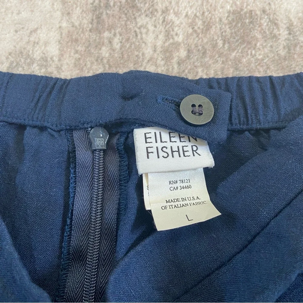 Eileen Fisher Navy Linen Blend Flowy‎ Knee Length Skirt with Pockets Large